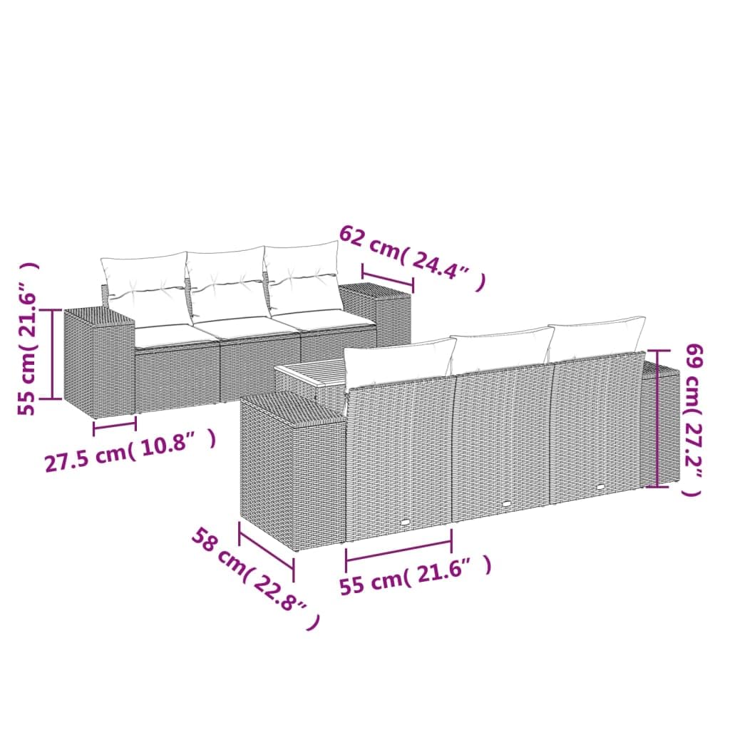 Set di divani da giardino con 7 pezzi in polyrattan beige per terrazza patio e veranda, arredo lounge modulare resistente agli agenti atmosferici con cuscini sfoderabili e tavolo in legno