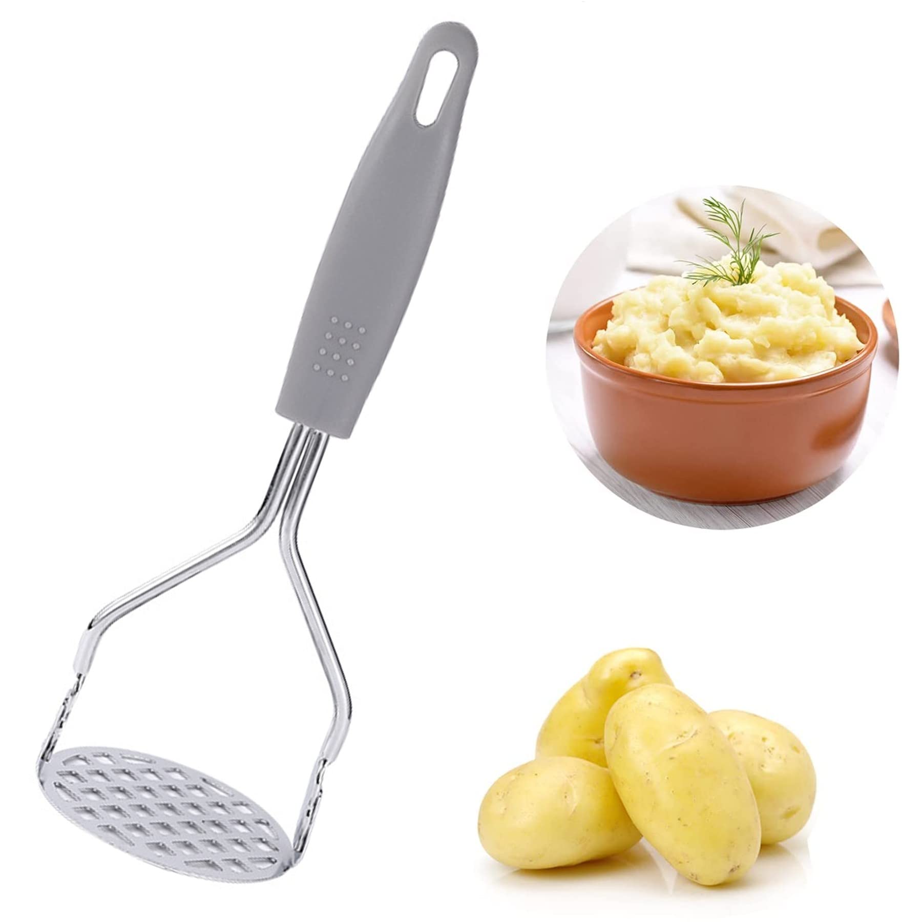Stainless Steel Potato Ricer Masher | Kitchen Gadget with Non-Slip Handle, Masher Utensil for Mashed Potato, Vegetables, Fruits and and Baby Food, Durable (Gray, Pack of 1)