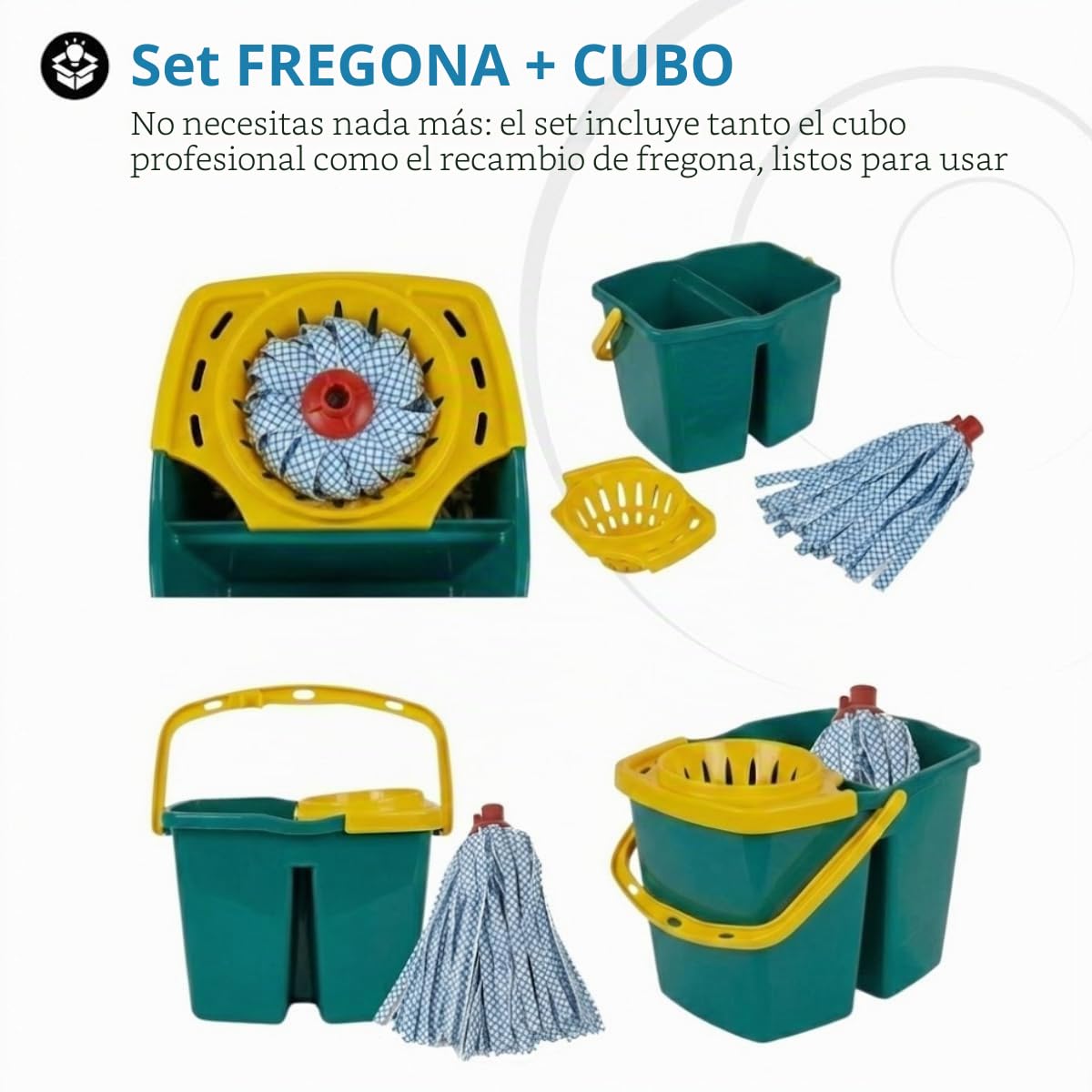 Tomaino - Cubo para fregar suelos con doble cubeta de plástico – Fregona de 7 litros con escurridor – 2 depósitos para agua limpia y sucia (cubo + 2 recambios de micorfibra)