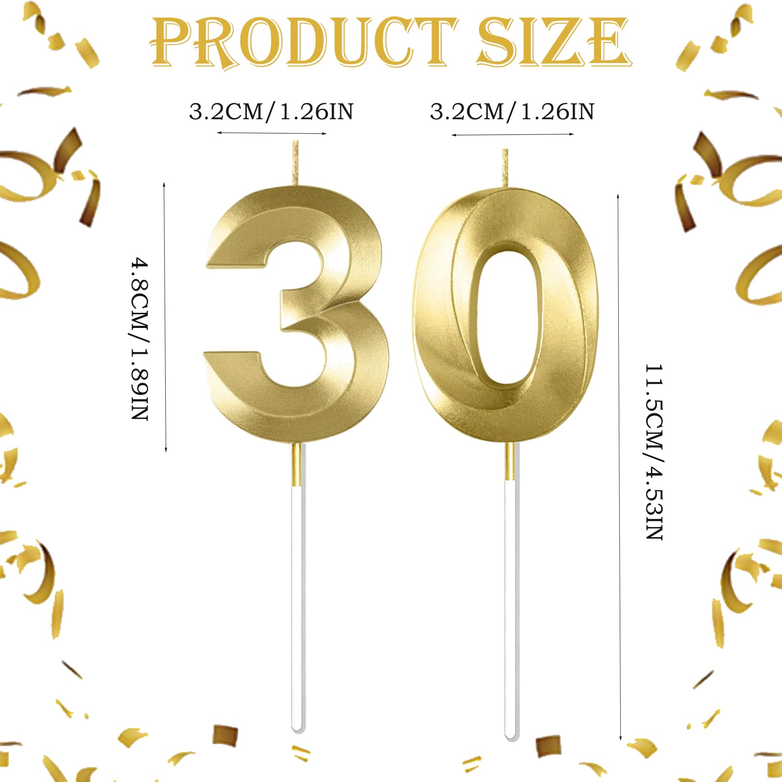 Bougies d'anniversaire Numéro 30, 3D Diamant Or Bougie Chiffre 30, Décoration Gâteau Anniversaire