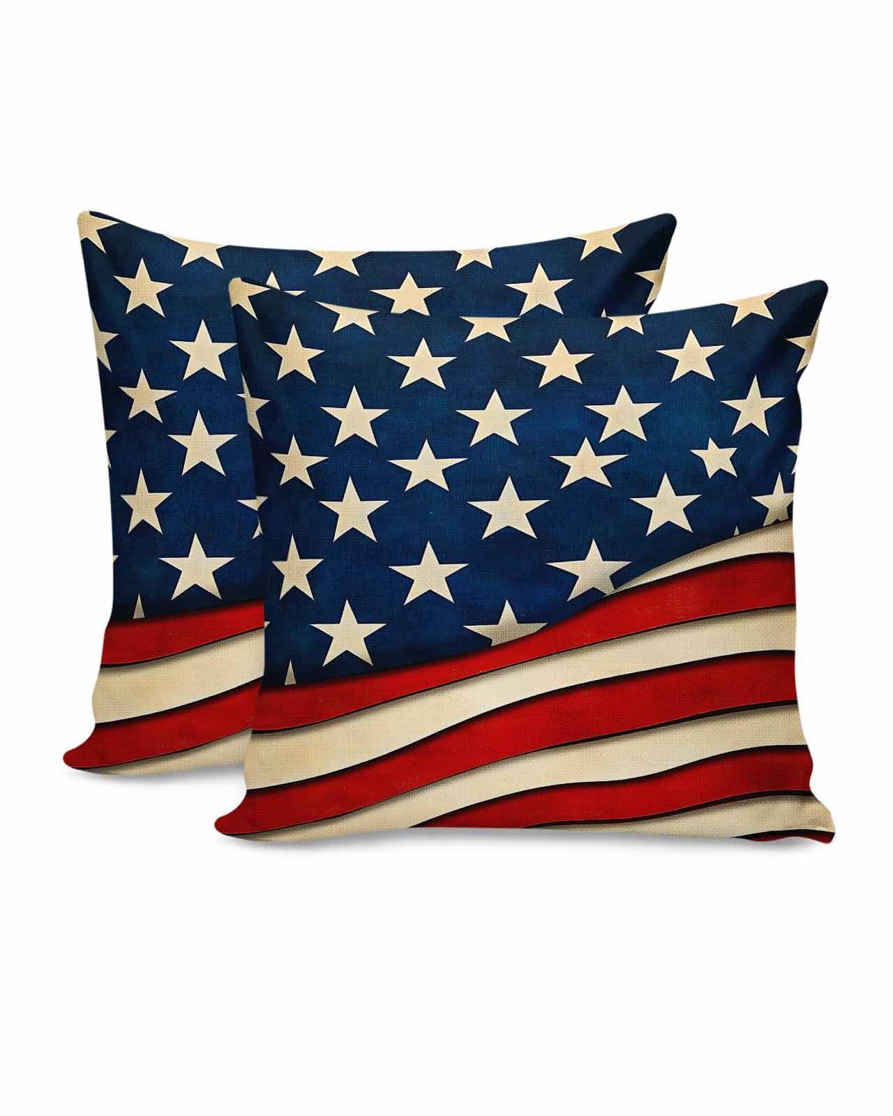 4th of July Pillow Covers 18x18 Inch Set of 2 American Flag Throw Pillow Cover Decorative Pillowcase Rustic USA Patriotic Star Stripes Independence