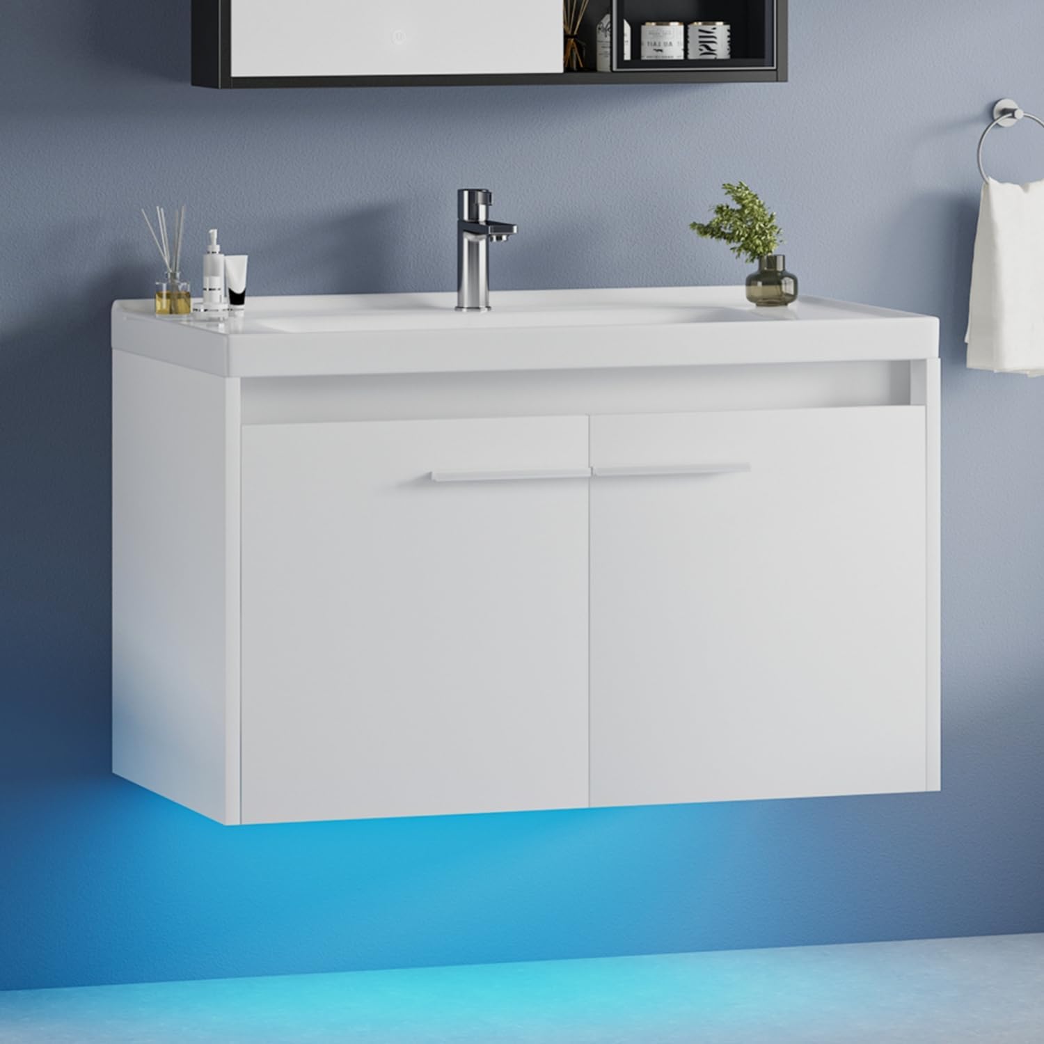 4ever2buy 31" Floating Bathroom Vanity with Sink, Modern Black Bathroom Vanity with LED Light, Wall Mounted Sink Cabinet with 2 Doors, Black