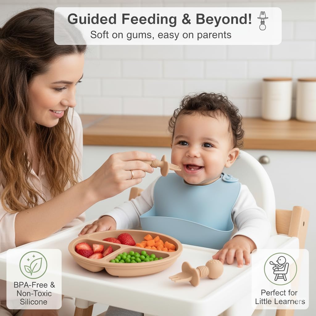 Baby Silicone Spoons for Infant, Toddler, & Kid Friendly Utensils - First Stage, Baby Led Weaning (Grey)
