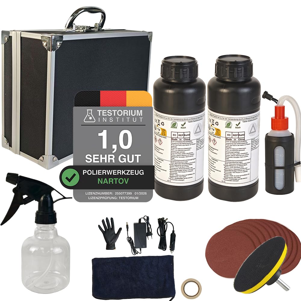 Scheinwerfer Aufbereitung Set 1420g, Scheinwerfer Bedampfen Set für Matte & Blinde Scheinwerfer, Scheinwerfer Polierset für Vergilbung/Vage Inklusive Schleifpapier und Aufbewahrungskoffer