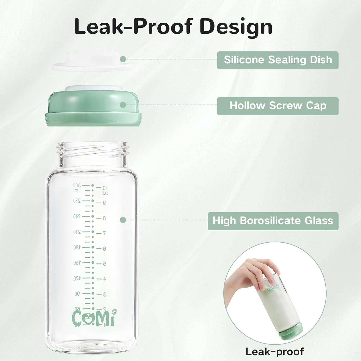 COMI Wide Neck Glass Breastmilk Collection n Storage Bottle, 4 Packs,10oz with Screw Ring Sealing Disk,Re-markable Sealing Disc,BPA Free,Fits Breast Pumps&Nipples(4 Green Lids)