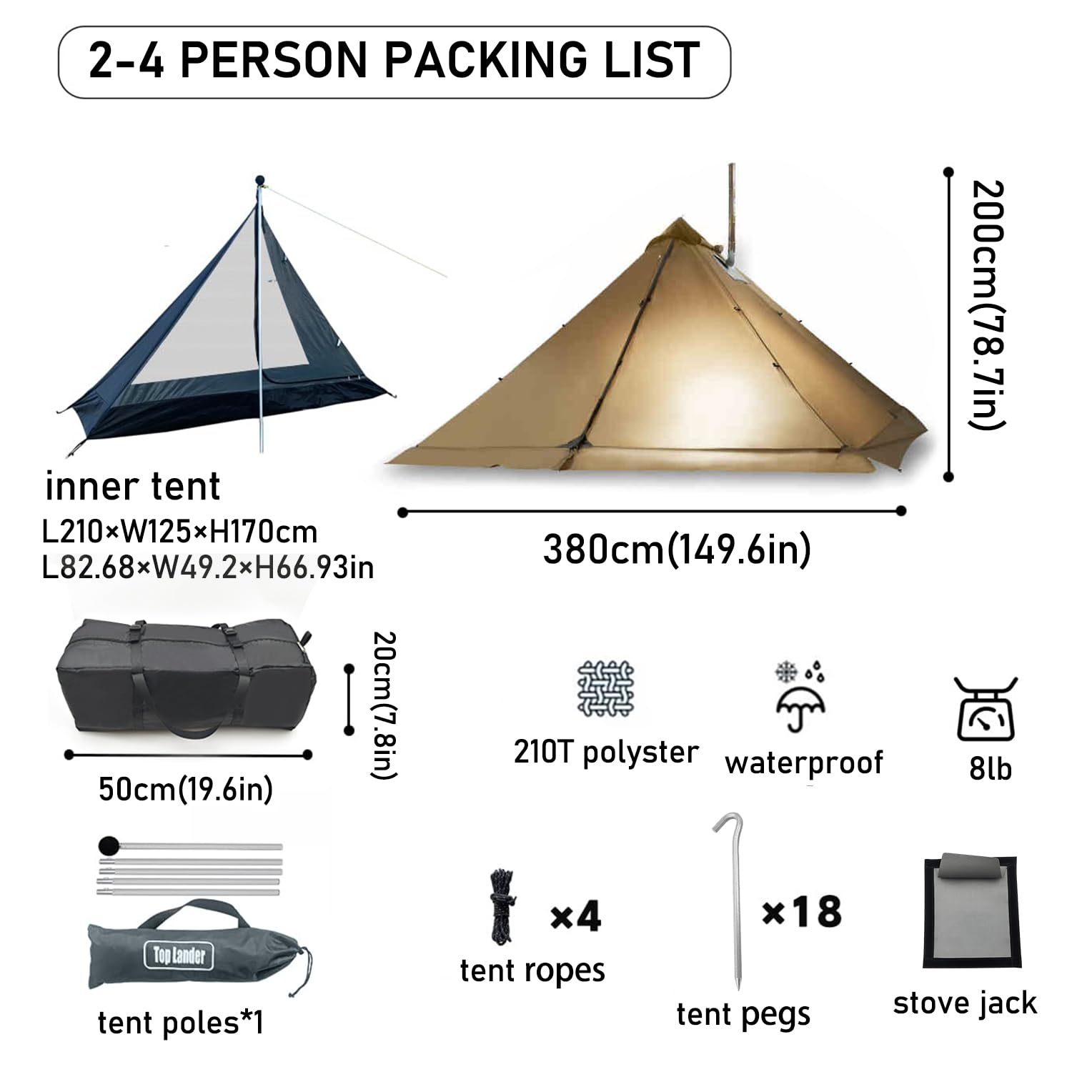 Namiot kempingowy z piecem na drewno, zimowy namiot tipi, 4-sezonowy namiot z plecakiem, do survivalu, polowania, wędkarstwa wojskowego