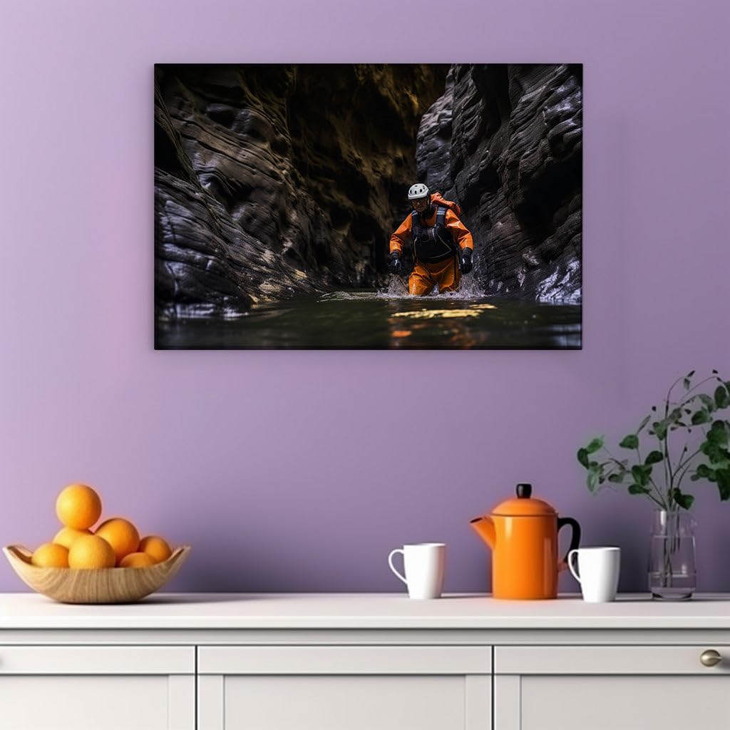 Canvas for Living room. Man Versus Wild Elements Conquering the River's Challenge in the Canyon Depths, 27 x 18 inch Canvas Wall Art - Modern Home Decor