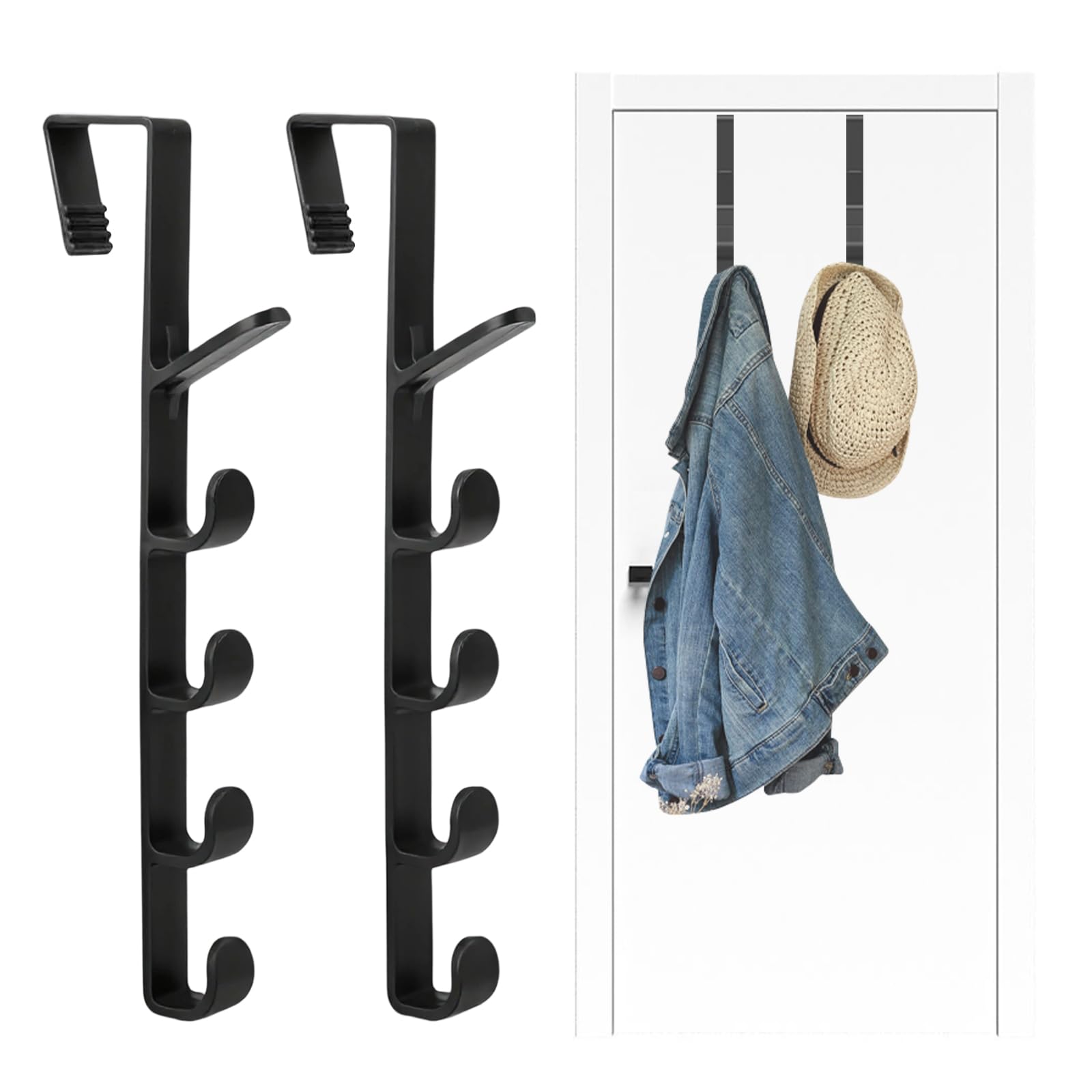 Tagmeiu Black 2 Pcs Over Door Hanger, Over Door Hook, Plastic Overdoor Hook Hanger For Bedroom, Clothes, Towel, Hats, Bags