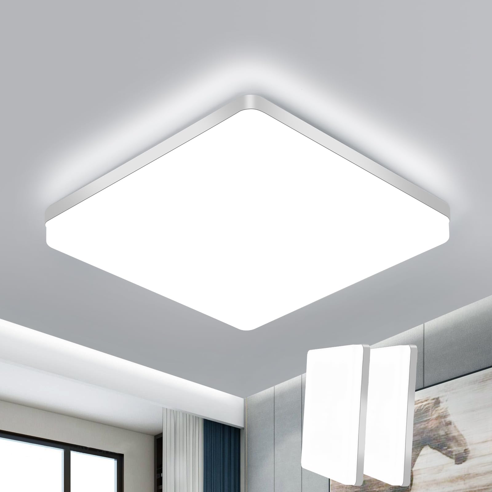 Goeco Plafon LED Techo Baño, 48W Lámpara de Techo LED Moderna, 6500K Blanco Frío, para Pasillo, Cocina, Balcón, Dormitorio, Estudio, 2 Piezas, Cuadrada