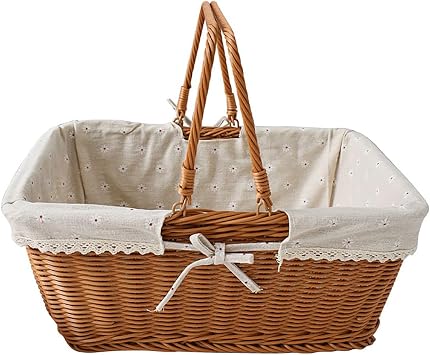 RT&BS Large Wicker Picnic Basket with Liner, Large Shopping Basket with Handle, Hand Woven Baskets with Handle, Reusable Wicker Baskets for Picnics, Shopping, Storage, Harvesting L