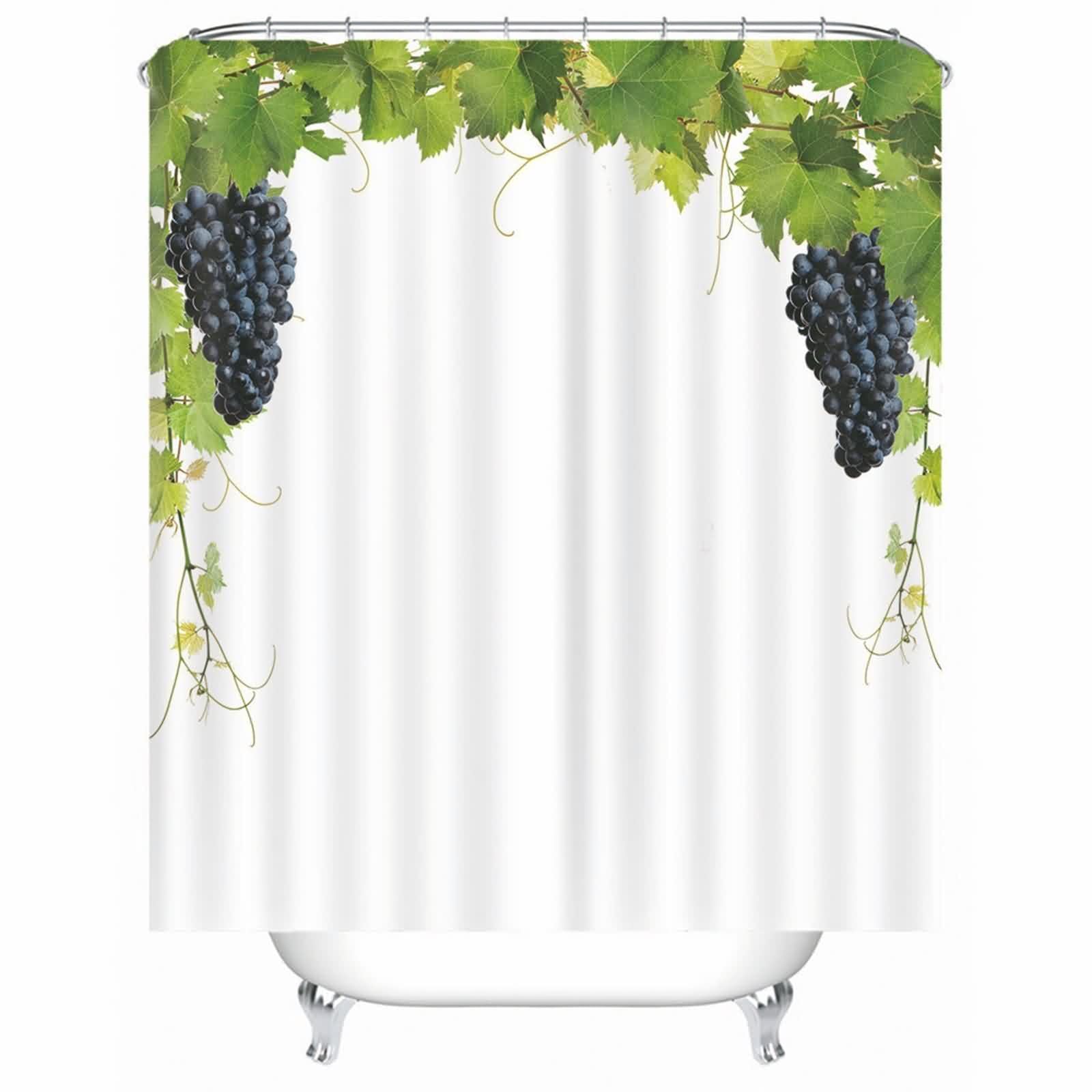 Rideau de douche textile blanc à motif raisin en polyester lavable avec anneaux de fixation
