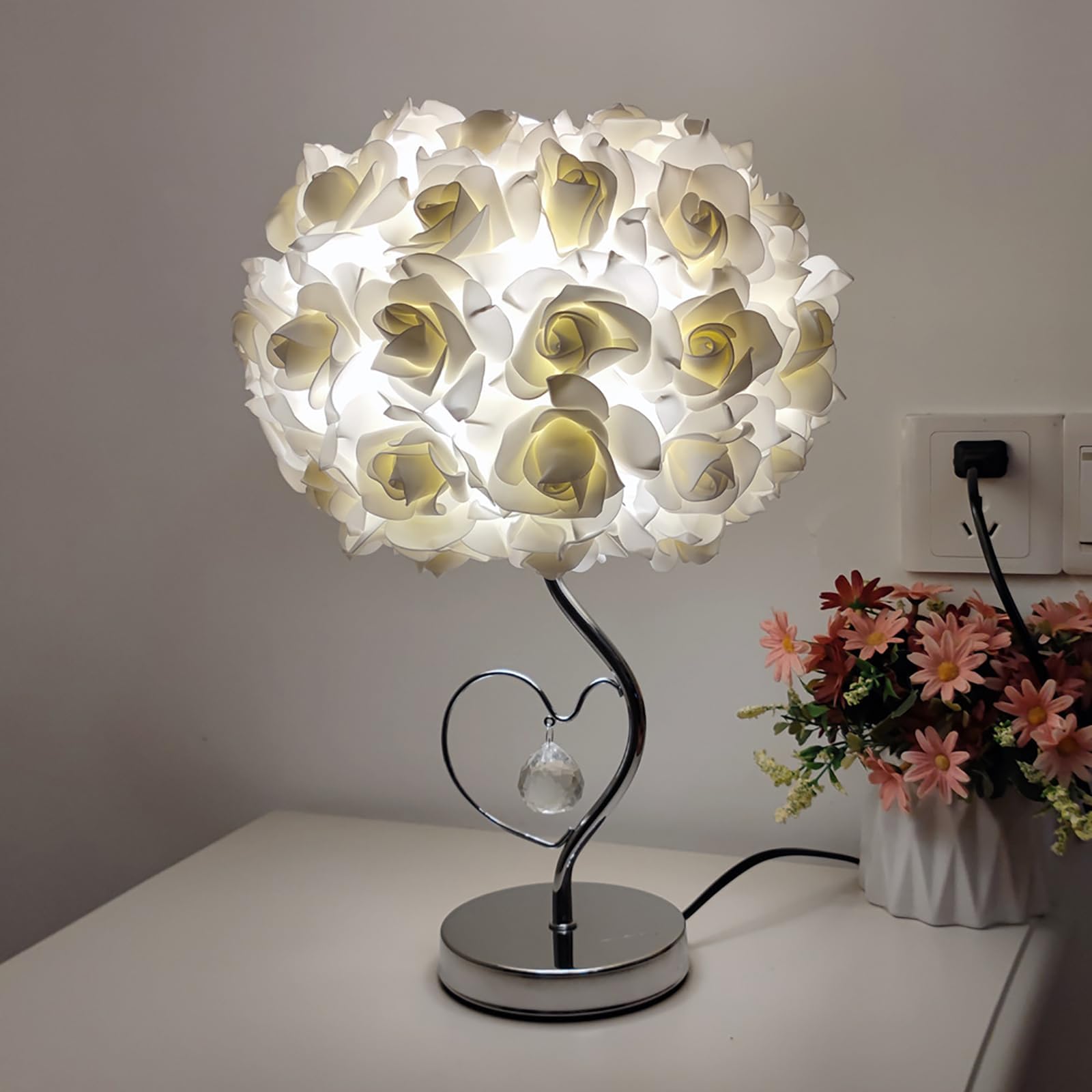 Lampa stołowa do sypialni i biurka, przenośna lampka nocna z romantycznym wzorem kwiatu róży, idealna na specjalne okazje