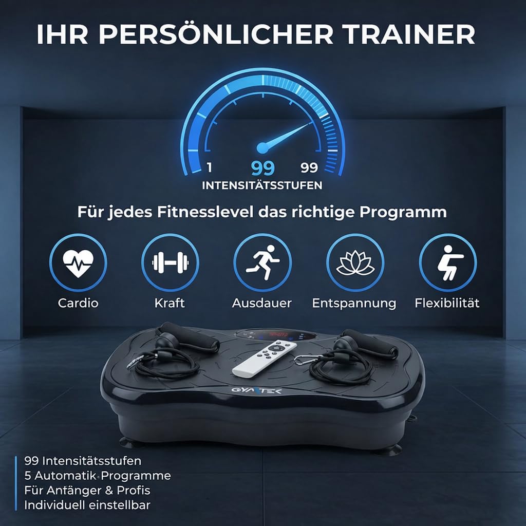 Gymtek Vibrationsplatte - Rüttelplatte Sport für Zuhause mit 99 Geschwindigkeitsstufen, 5 Trainingsprogrammen und Touchscreen – Ideal für Gewichtsabnahme, Fettverbrennung und Muskelaufbau