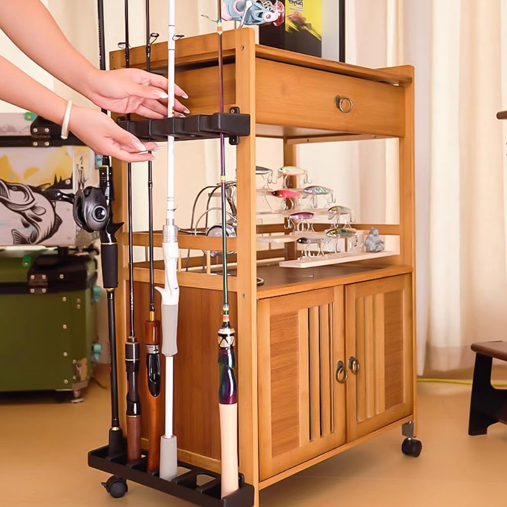 KK-GAL Rolling Fishing Rod Storage Station, Mobile Floorstandin Fishing Rod Rack, Large Capacity Vertical Fish Pole Garage Storage Holder, Dexule Fishing Gear Equipment Organizer Display Rack