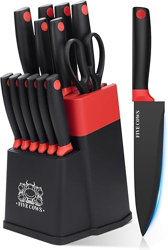 Juego de 14 cuchillos de cocina con afilador alemán de acero inoxidable de alto carbono, afilado y duradero, mango antideslizante ligero, juego