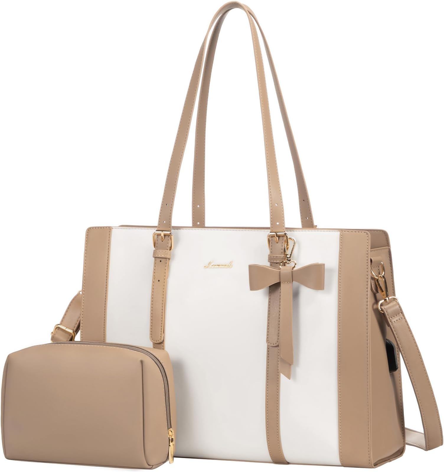 LOVEVOOK Women's Large Capacity Work Tote, Fashion Shoulder Bag with Clutch Purse, 15.6-inch Computer Business Briefcase Travel Bag 2 Pcs Set, White-Khaki