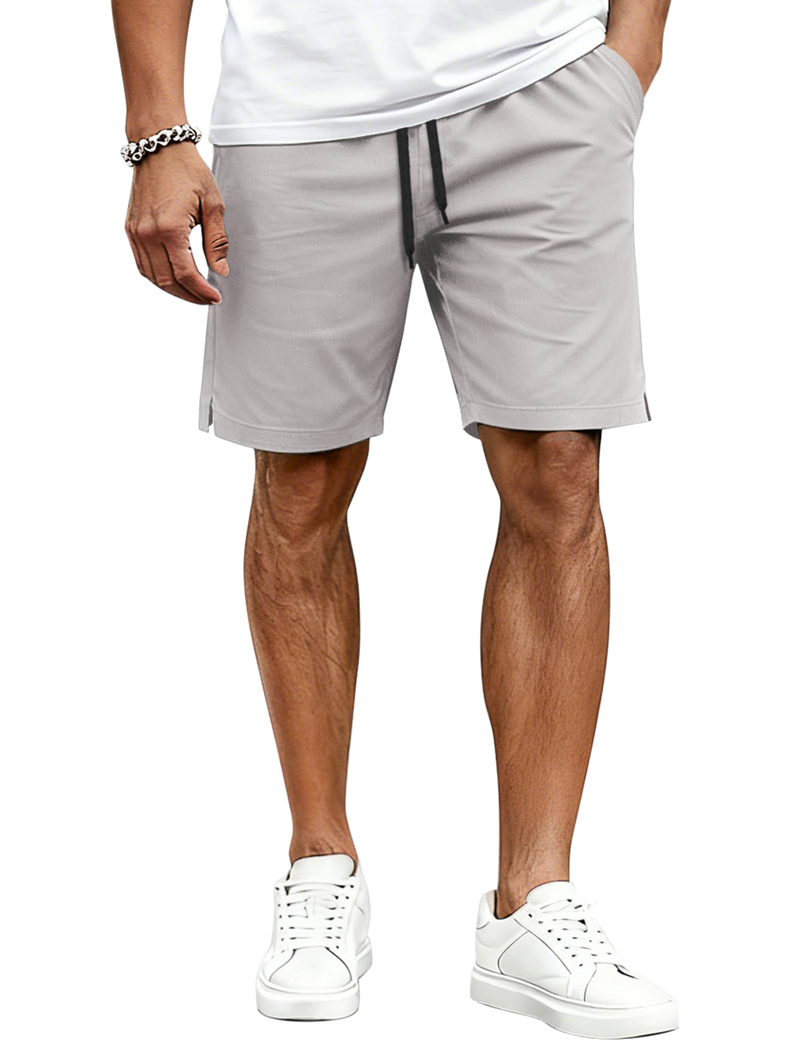 Mens Casual Shorts Cotton Drawstring Elastic Waist Lightweight 9" Chino Golf Shorts Summer Beach Shorts