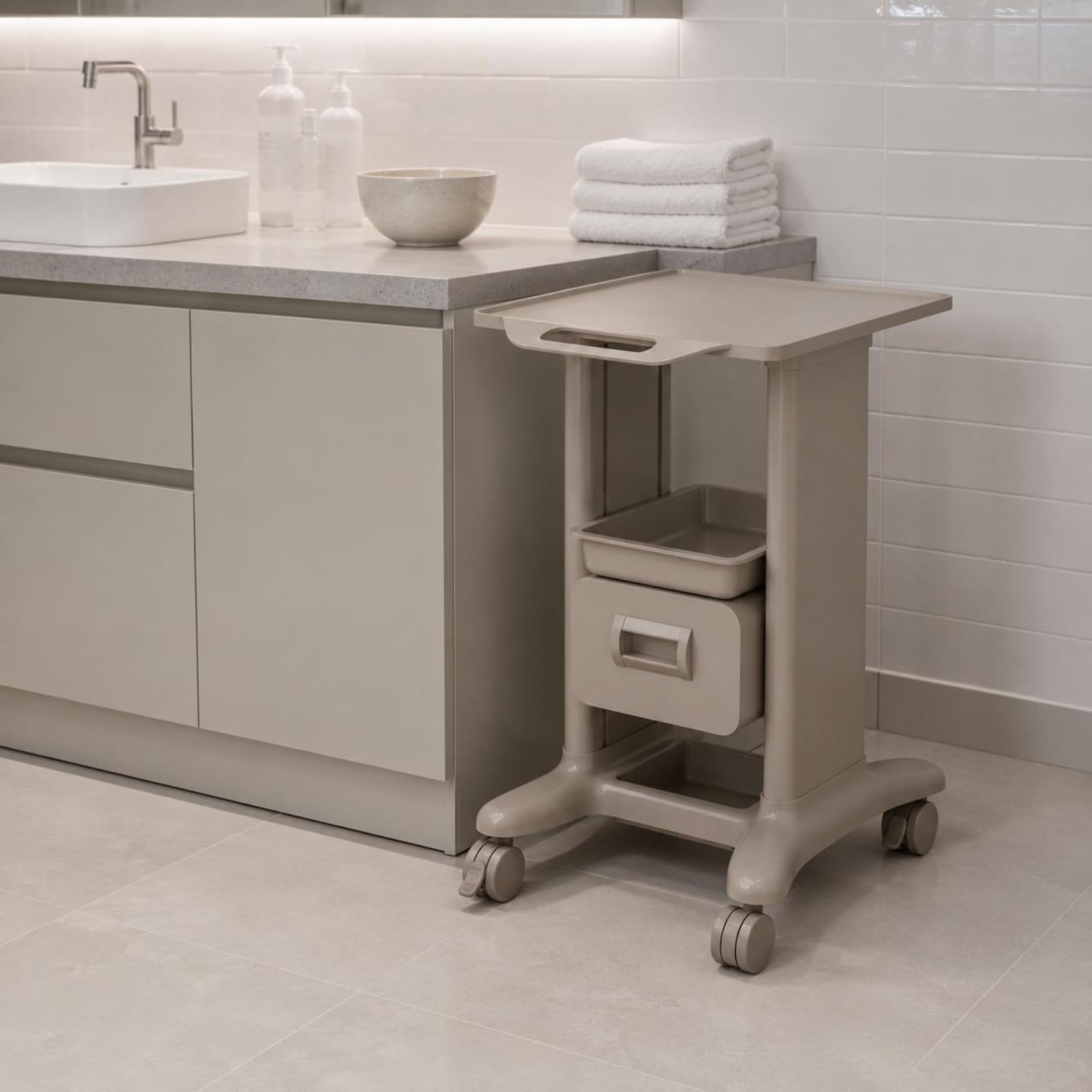 Harilla Carrello Portaoggetti Bellezza Trolley Estetica Carrello Salone Carrello Estetista Vassoio Plastica Design Compatto Adatto Zona Trattamento Saloni, Bianco, Cassetto Singolo + 1 Scatola