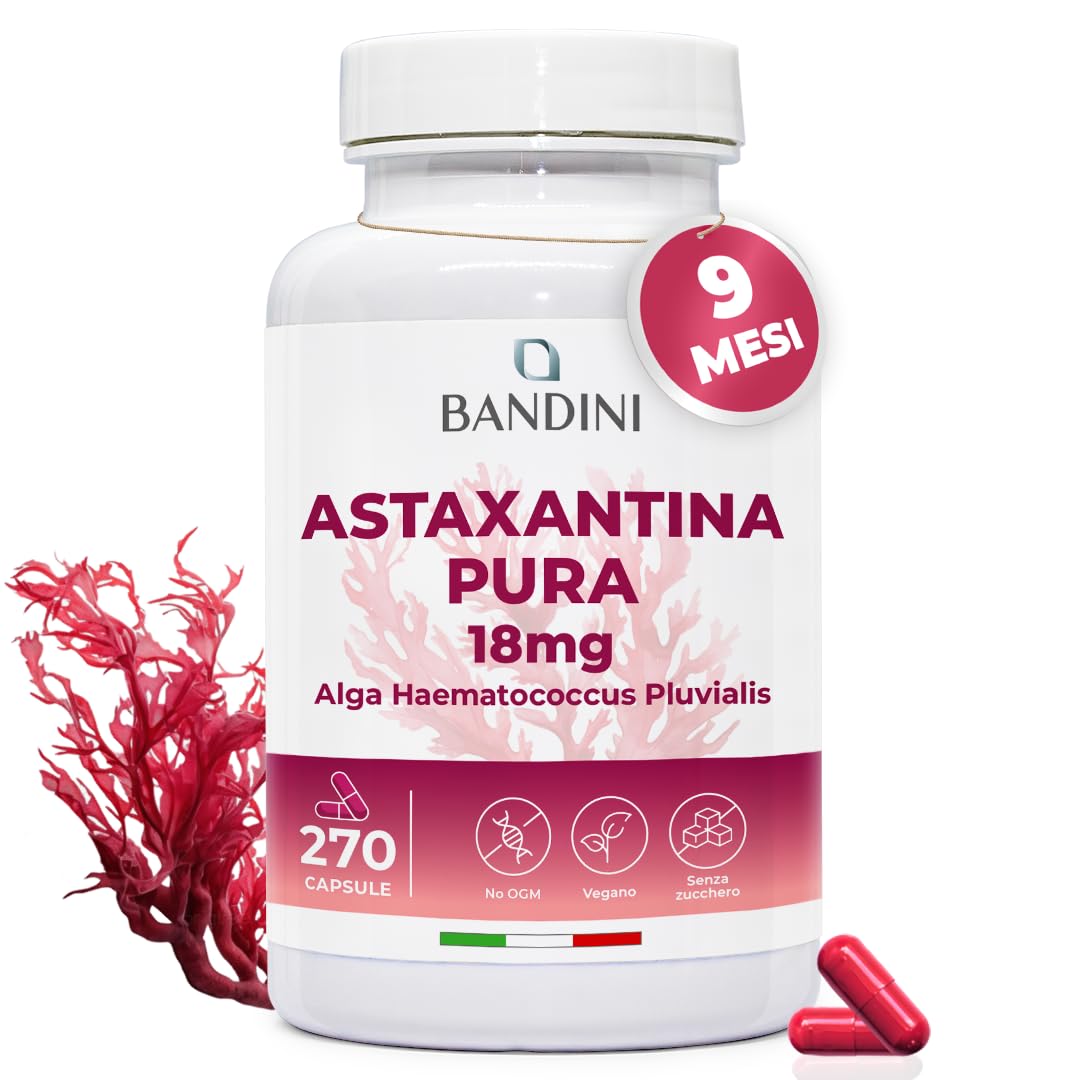 Bandini® Pure Astaxanthin 18mg Per Capsule | 270 Capsules - 9 Months Stock | Powerful Natural Antioxidant from Algae Haematococcus Pluvialis - Natural Astaxanthine, Magnesium Stearate Free, GMO Free