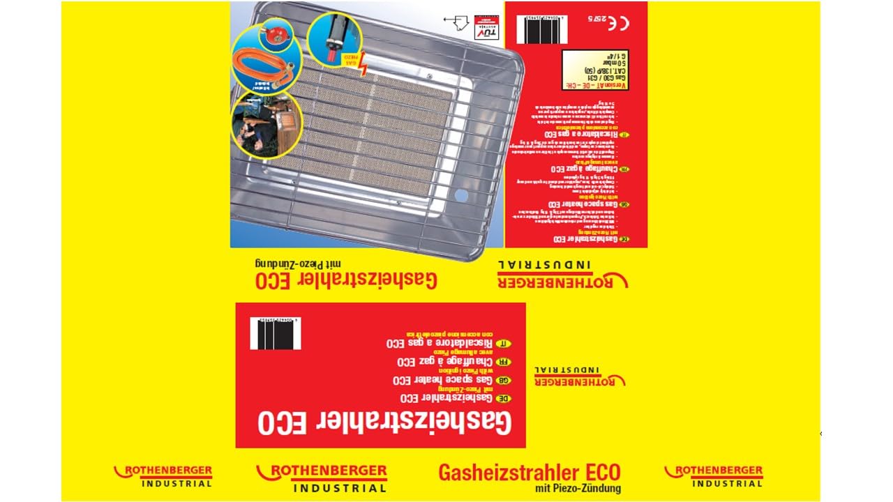 ROTHENBERGER Industrial Heizstrahler inkl. Piezo, 0,4 m Propangas-Schlauch, 50 mbar Druckregler, Gasheizstrahler, Propan Gas 35985