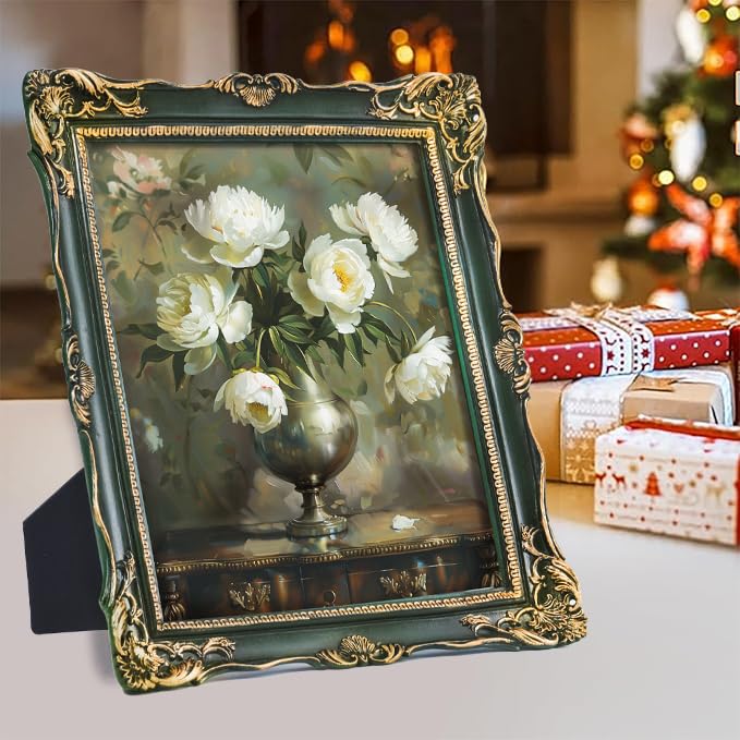 Image of Saysmile Vintage 8x10 Picture Frame Green, Textured Antique Picture Frames with Embossed Flower Design, Ornate Frame for 8x10 Photo, Resin Antique Frames Tabletop & Wall Hanging, Home Decor