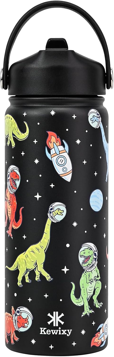 KEWIXY 18 oz Kids Dinosaur Water Bottle for School with Straw, Leak Proof, Stainless Steel with Easy Flip&Handle, Reusable, Metal, Insulated, Backpack-side Fit, for Boys Little Dino Fans (Dinosaur)