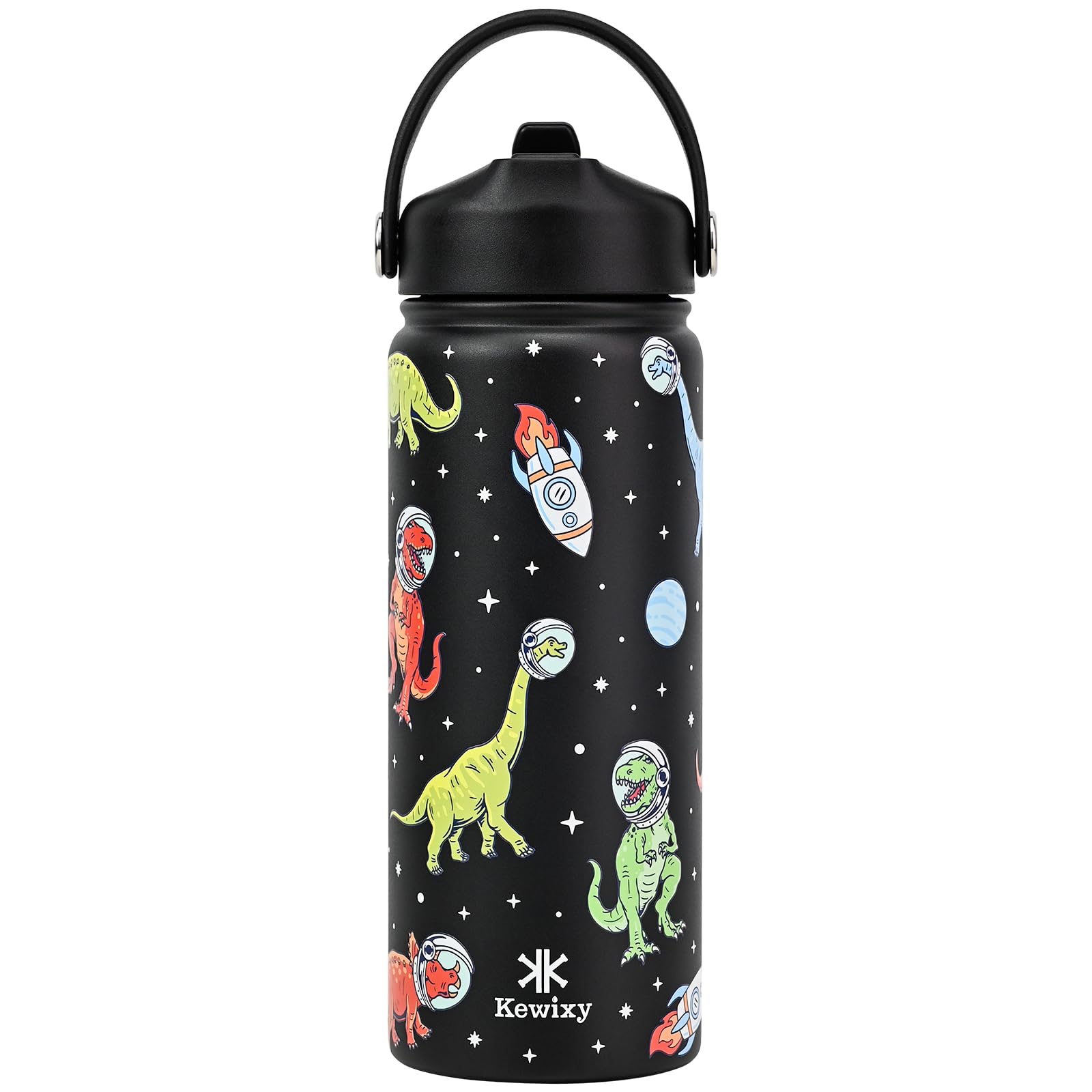 KEWIXY 18 oz Insulated Water Bottle for School with Straw, Leak Proof, Cup Holder Fit, Stainless Steel with Flip Straw and Handle, Reusable, Metal, for Travel, Gym and School (Dinosaur)
