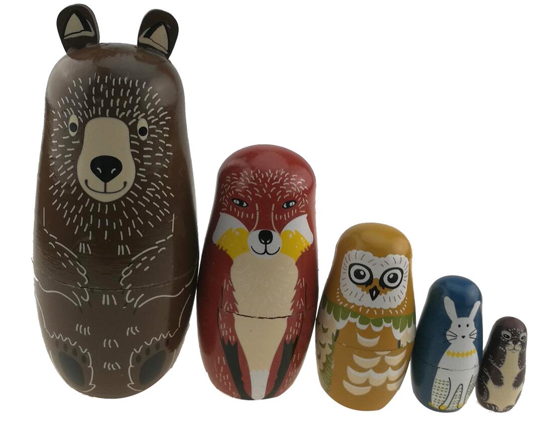 Winterworm - Set di 5 bambole russe lucide a tema animale, orso, volpe, gufo, coniglio, talpa, fatto a mano, per lo sviluppo di abilità