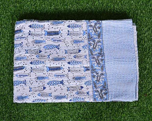 YUVANCRAFTS Indian Fish Print Kantha Quilt Traditional Mandala Print Kantha Quilt Bedspreads Throw Blanket Single Quilt