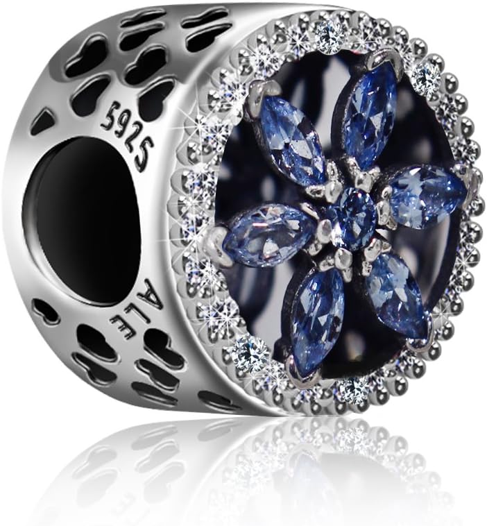 925 Sterling Silver Blue CZ Encrusted Flower Symbol Love Yoga Lotus Charm Bead Fit European Snake Chain Bracelet or Necklace, Perfect Valentines-Day Accessory