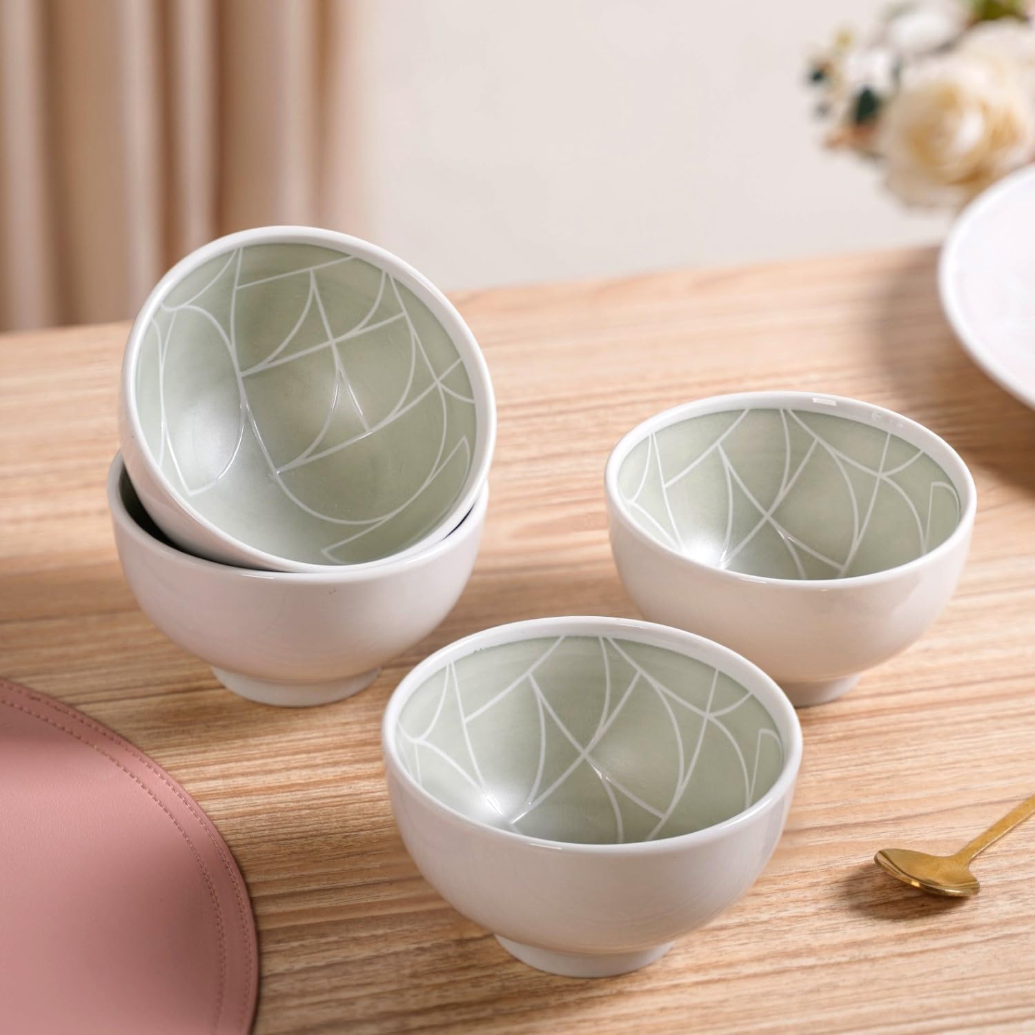 Nestasia Ceramic Bowl for Snacks - Dishwasher & Microwave Safe Bowl Set of 4 (325 ml), Geometric Art Deco Designed Serving Bowl Set for Soups, Treates, Desserts, Sweets, Dal & Sabji (Mint)