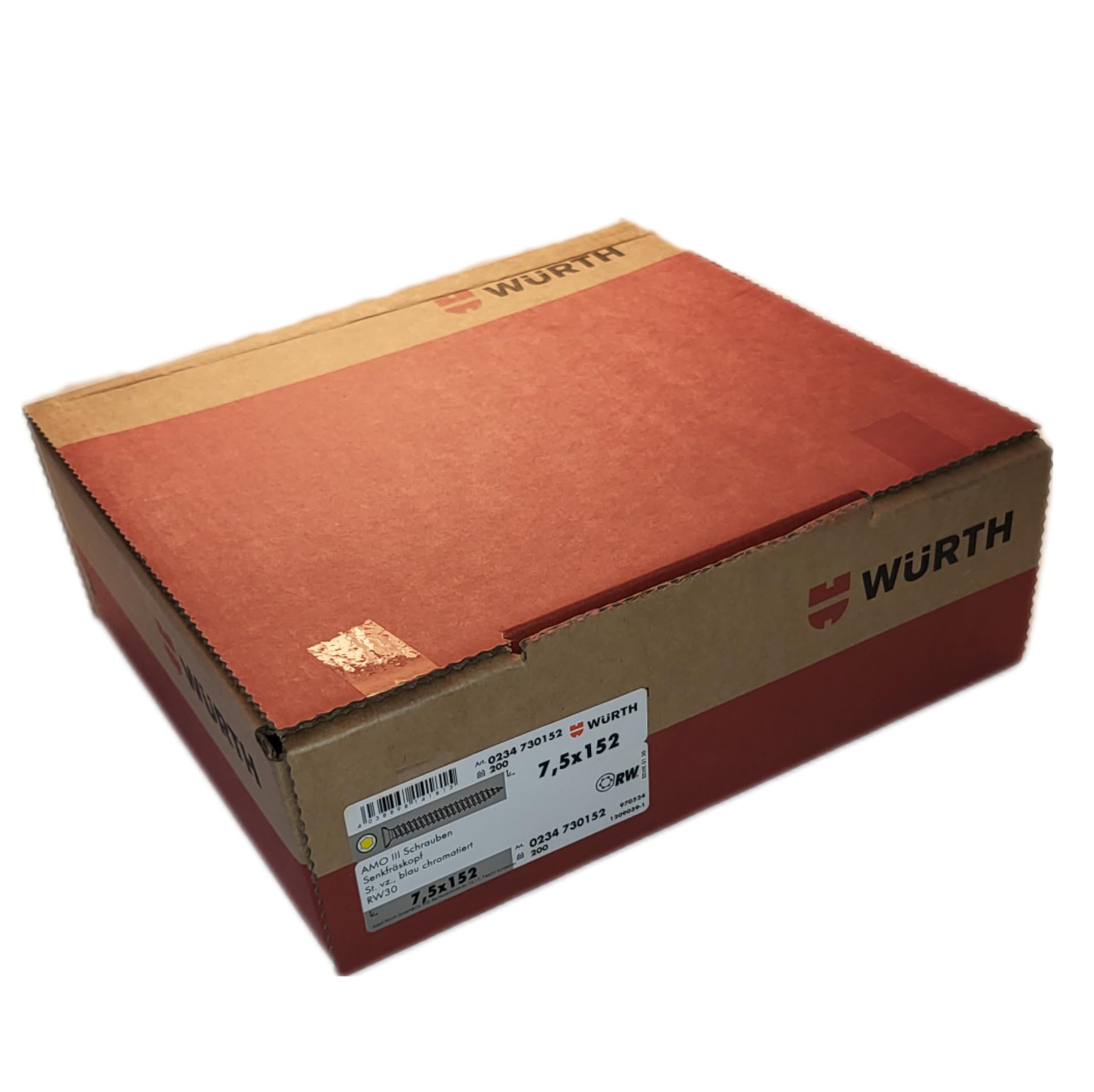 Würth Abstandsmontageschraube Amo® III Typ 1; Senkfräskopf; 200 Stück Länge: 152 mm: Gewindedurchmesser: 7,5 mm; Stahl; RW30 / Fensterrahmenschraube (0234730152)
