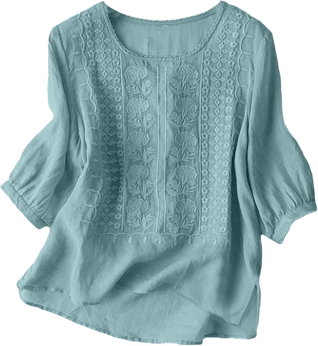 Womens Cotton Linen Embroidered 3/4 Sleeve Summer Crew Neck Tunic Bohemian Tops Boho Clothes for Women