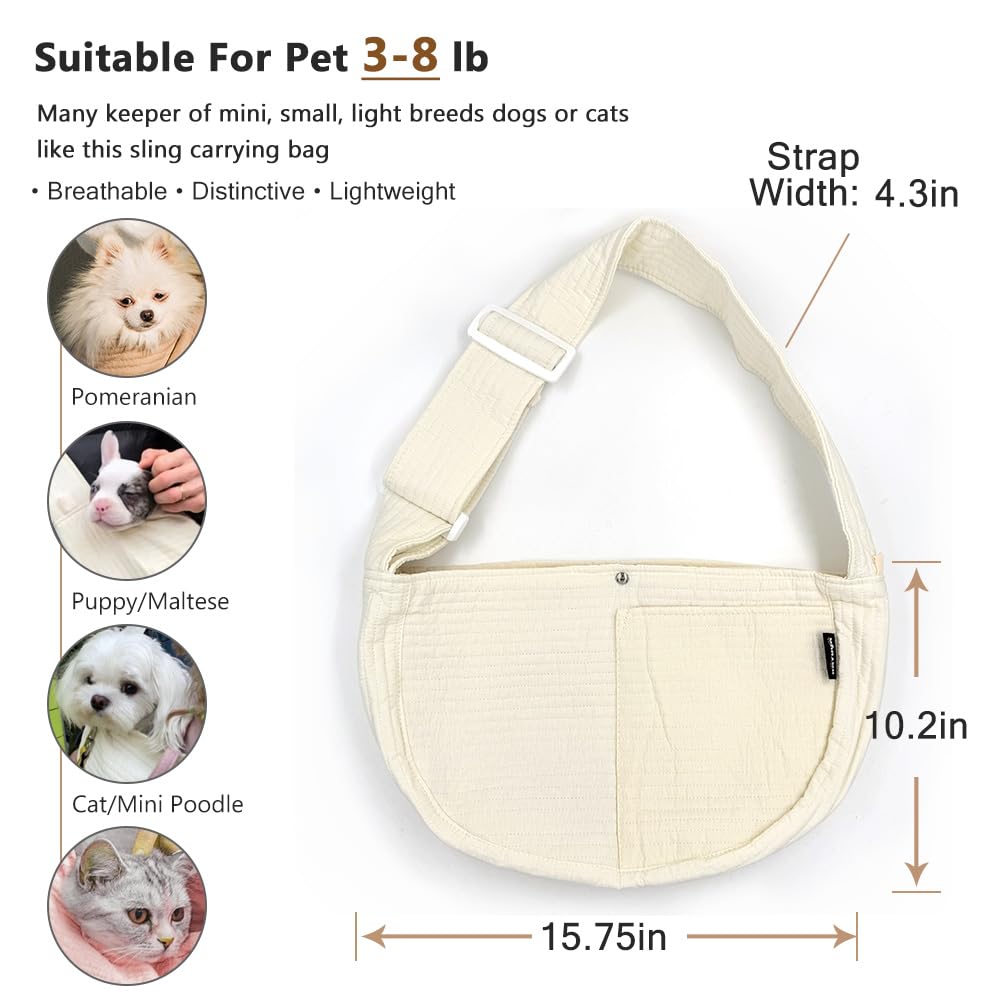 NATUYA Pet Sling Carrier Small Dog Sling Cat Carrier Bag Adjustable Strap Hands-free Sling Pet Carrier Bag with Front Zipper Pocket Safety Belt for Outdoor Traveling Subway (White - Image 3