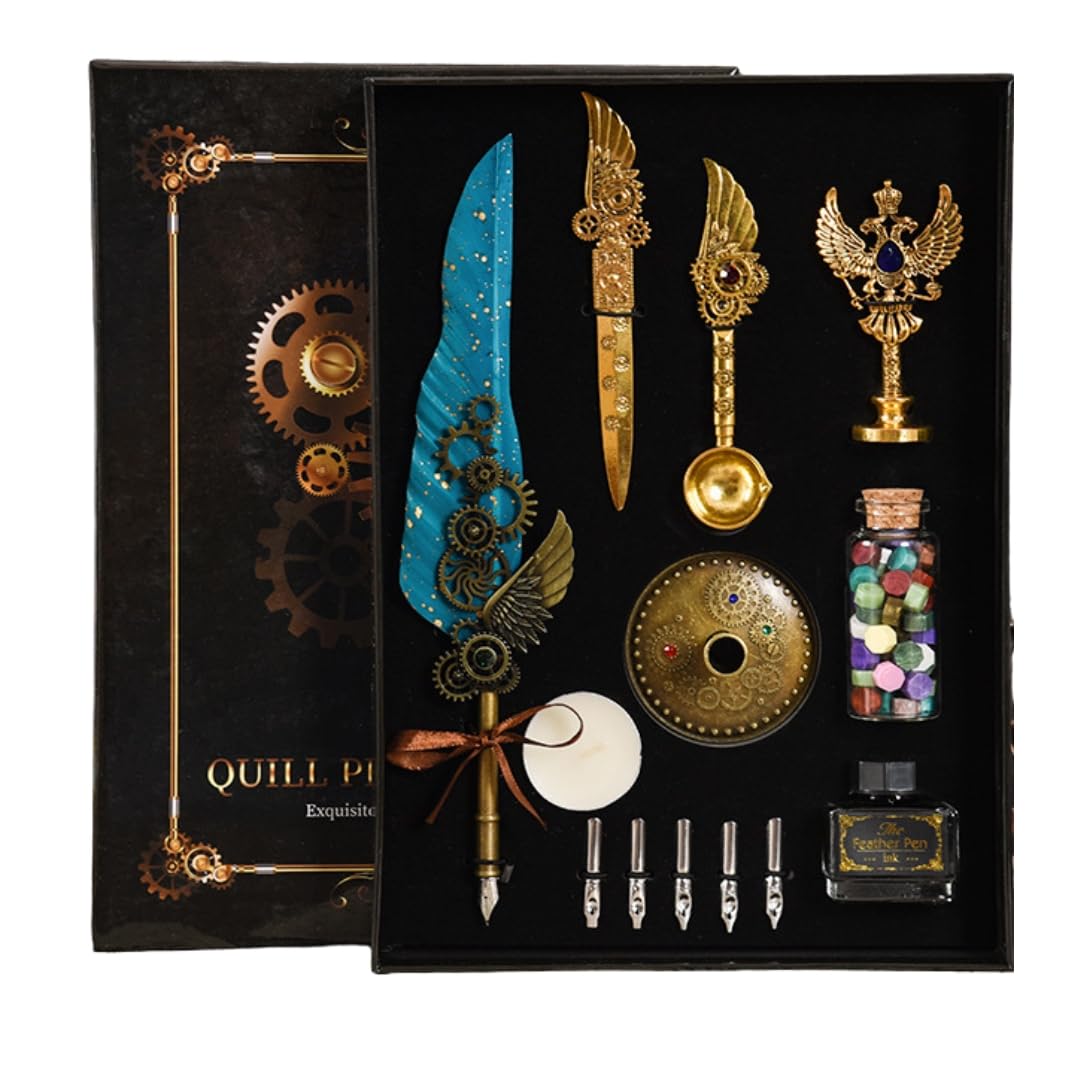 PLUSPOINT Vintage Quill Pen and Ink Set Elegant Writing Luxury Fountain Calligraphy Ink Pen Set with Wax for Stamp Retro Decor Dip Pen Office Stationery Corporate Gifting for Signature, Black