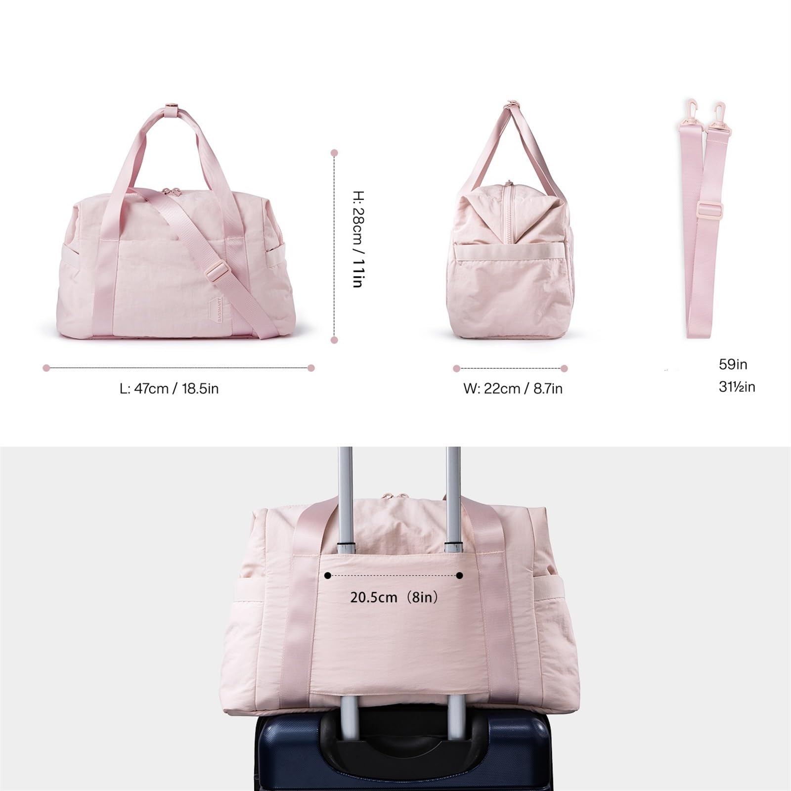 Sporttasche for Damen, Handgepäck, Weekender, Übernachtungstasche, Reise-Seesäcke mit Trolley-Ärmel, Tragetasche, Workout-Tanztasche(Pink)