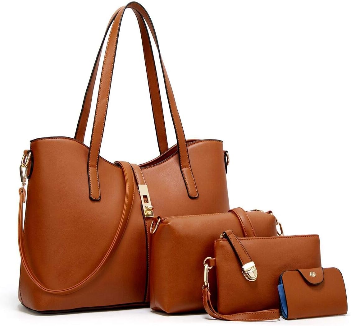 YTL Women Fashion Synthetic Leather Handbags+Shoulder Bag+Purse+Card Holder 4pcs Set Tote (small, brown)