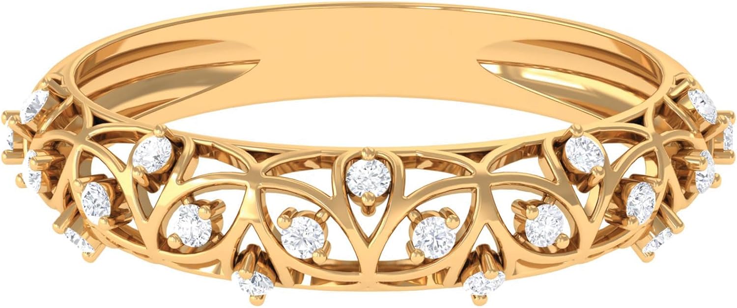14K Yellow Gold Diamond Filigree Eternity Band, Hi-Si Quality, Certified Diamond Wedding Ring - Xmas Gift Ideas For Her