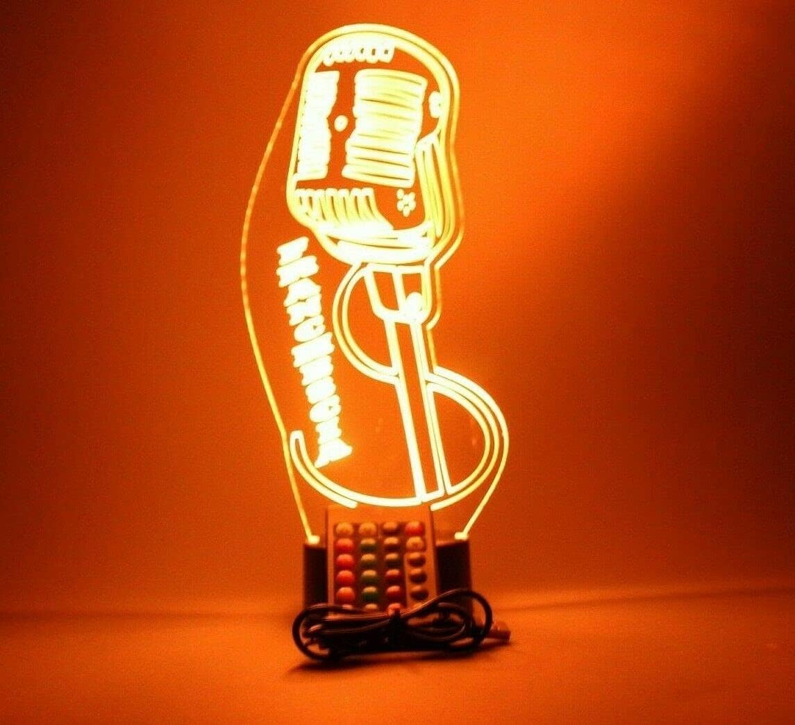 MIRROR MANIA MC DJ Microphone Music Sing Singer Night Light Up Lamp LED Free Engraved Custom Name Personalized Table Desk Lamp, with Remote, 16 Different Color Options, Dimmer, It's Wow, Great Gift