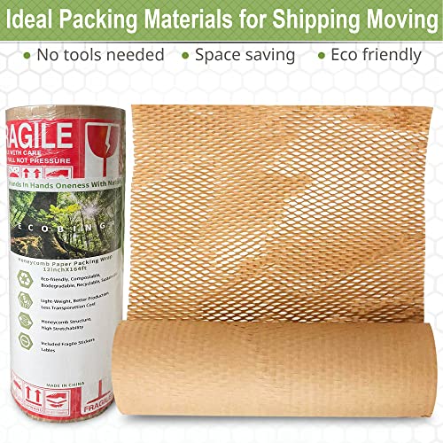 Ecobinga Honeycomb Packing Paper 12"X164', Kraft Wrapping Paper For Shipping Honeycomb Cushioning Wrap Roll For Moving Shipping Packaging Gifts With 10 Fragile Stickers, Recyclable Cushioning Packing Material.(Brown) #TOP2