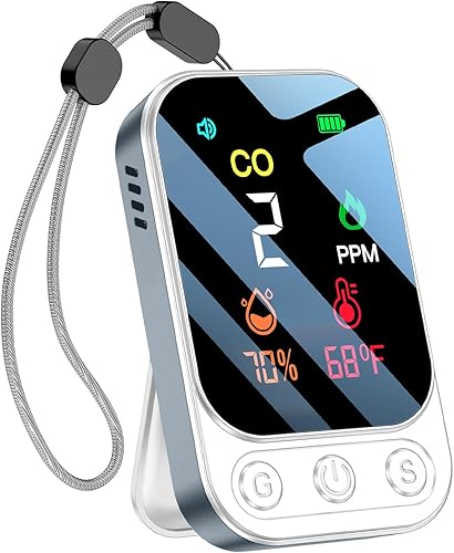 HAKINAKU Detectores portátiles de monóxido de carbono 3 en 1 Monitor de CO de tamaño mini con soporte y cordón, alarma de humo de gas sensor de