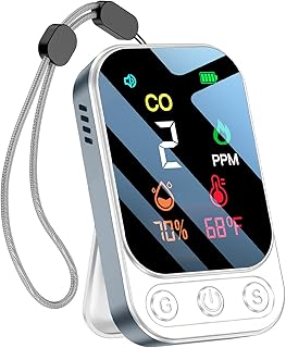 Portable Carbon Monoxide Detectors [3-in-1] Mini Size CO Monitor with Kickstand & Lanyard Alarm [ CO Temperature Humidity Sensor ] for Outdoor Camping Travel RV Home Hotel (3IN1 Grey)
