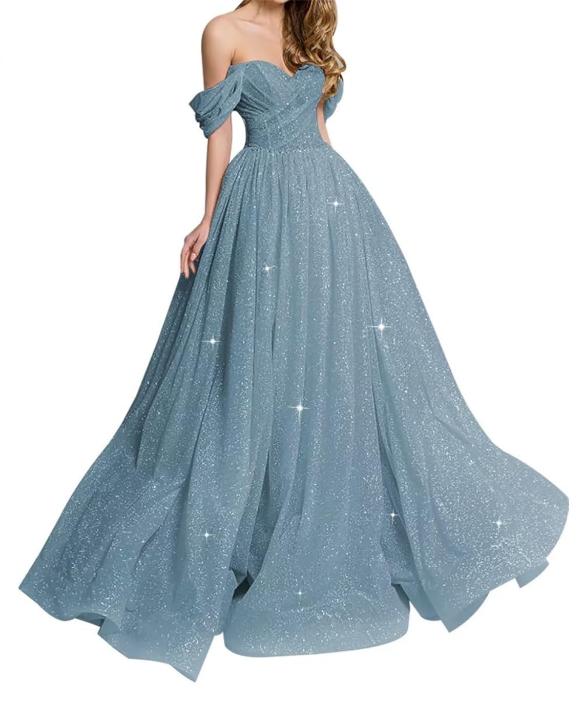 HPPEE Women's Off Shoulder Tulle Prom Gowns A-Line Formal Dress Sparkly Quinceanera Dress for Teens WYX486 Dusty Blue UK14