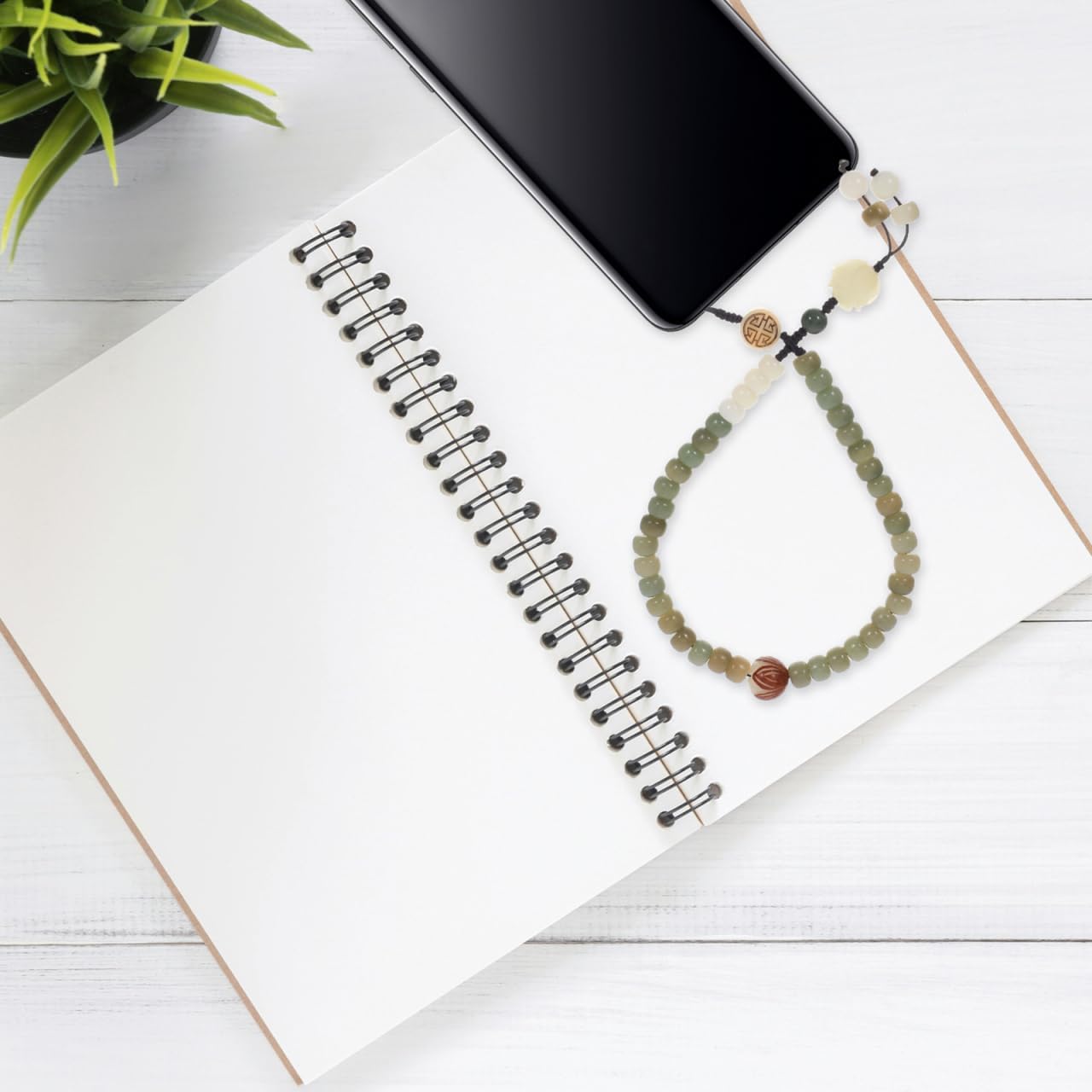 Hemobllo Mobile Phone Lanyard, Chinese Style, Natural Braided White Jade Bodhi Wristband for Mobile Phones, Backpacks, Key chains, Cameras - Jade Beaded Wrist Strap Pendant