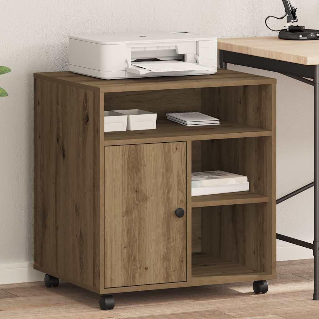 Soporte para impresora de madera de roble Artisan, 60 x 50 x 67 cm, con ruedas, carrito auxiliar móvil para oficina y oficina en casa, soporte compacto para impresoras, escáneres, archivos y