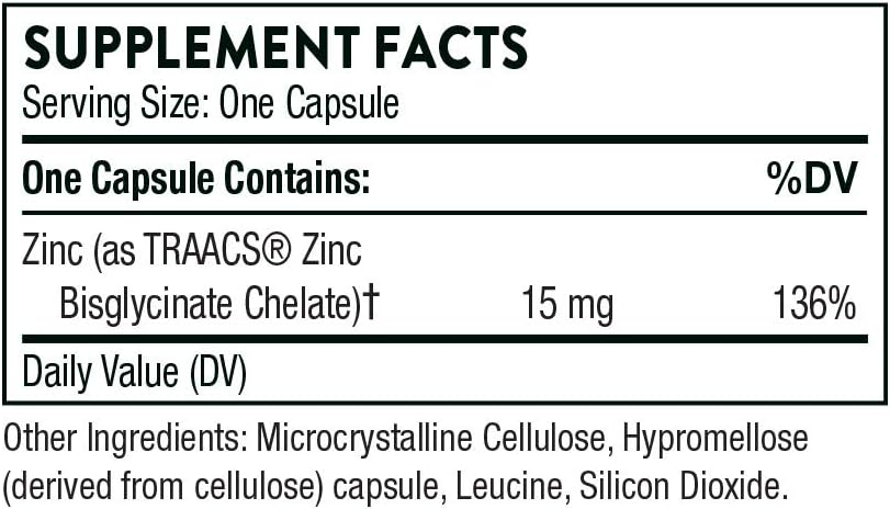 Thorne Zinc Bisglycinate 15mg - Daily Support for Skin, Eye & Immune System Health with Zinc Supplement Capsules - 60 Capsules