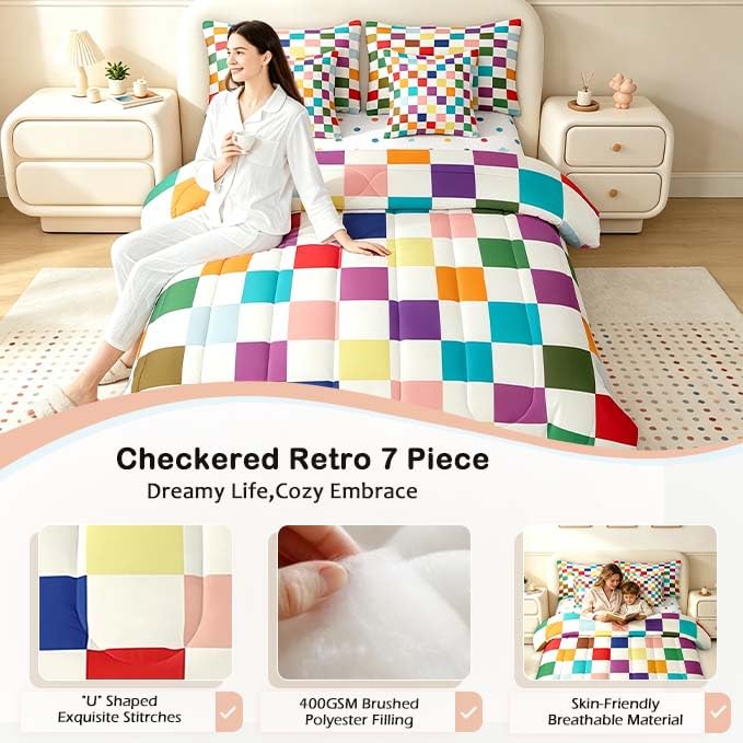 Image of Feelyou Colorful Checkered Retro 7 Piece Bedding Set Kids Boys Girls Modern Geometric Cute Comforter Set with Sheets Full Size Beige Colorful Bed in a Bag Vintage Simple Groovy Aesthetic Room Decor