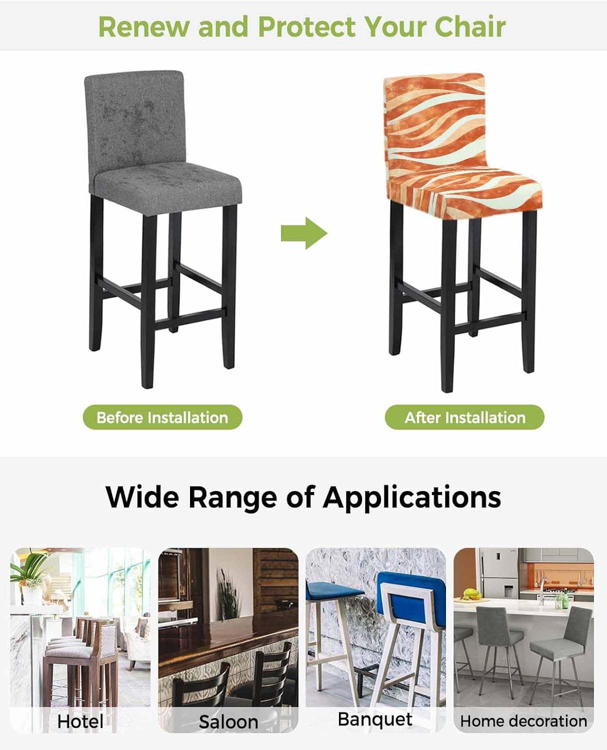 Burnt Orange Waves Bar Stool Covers - Stretch Dining Chair Covers Set of 2, Ombre Sea Ripples Shabby Beach Bar Chair Cover Removable Counter Stool Pub Chairs Slipcovers Protectors