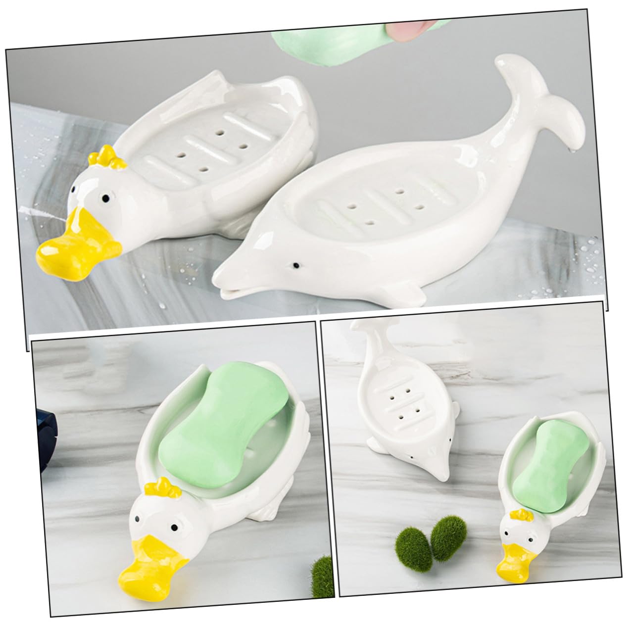 Seifenschale mit Wasserablauf aus Keramik in Delfinform 2 Stück und Geschenkidee und Schwammhalter für Badezimmer Dekoration