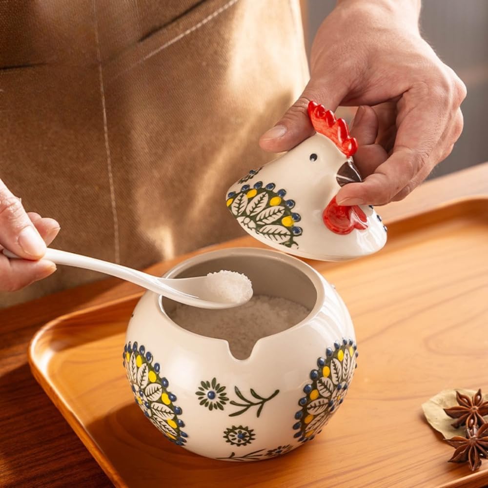 Récipient à épices en céramique avec couvercle et cuillère, pot d'assaisonnement peint à la main pour le sel, le poivre, le sucre et le rangement de la cuisine, design mignon et simple poussin